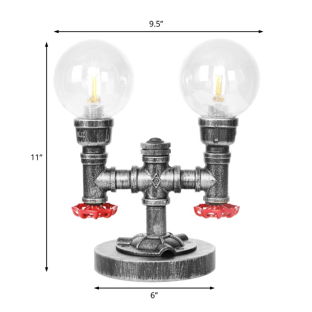 Lámpara de mesa industrial con pantalla redonda, 2 luces, luz de escritorio de vidrio transparente/ámbar en plata antigua con base