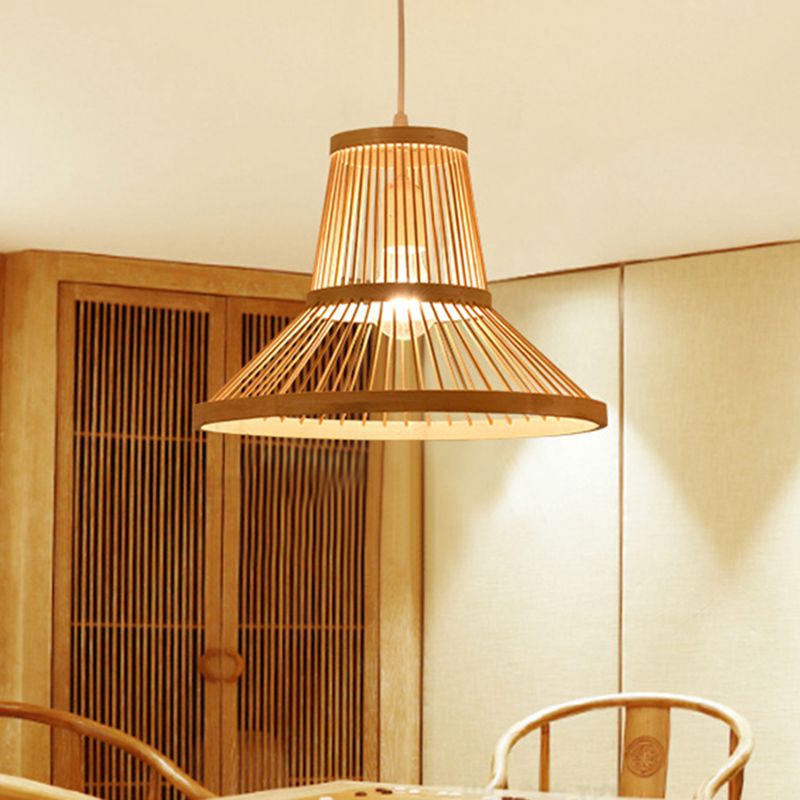 1 Light Living Room Pendant Lamp Modern Wood Down Lighting with Cone Bamboo Shade