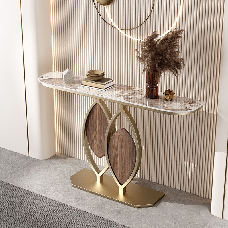 Glam Iron Accent Table Half Moon Stone Sofa Console Table for Hall