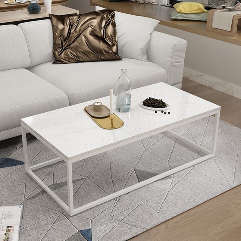 Glam Rectangle Coffee Table with White Marble Top and Iron Frame