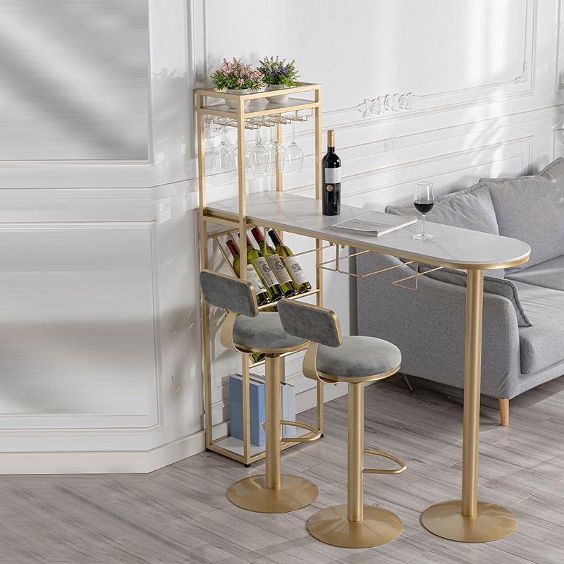Living Room Pub Height Dining Table Stone and Metal Bistro Table with Wine Rack