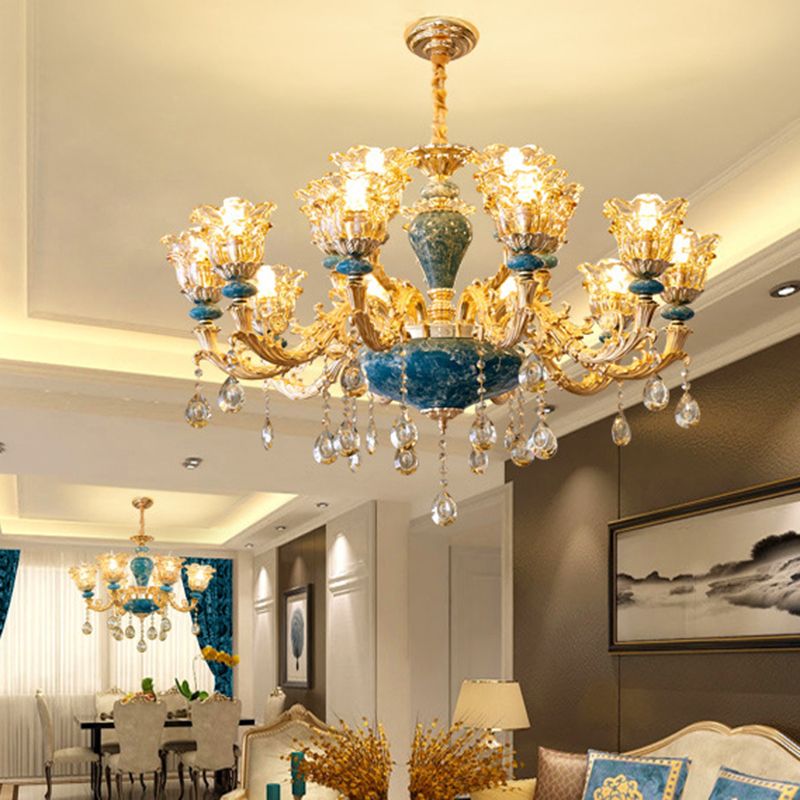 Flared Ruffle Glass Chandelier Pendant Light Vintage Living Room Hanging Light with Hanging Crystal in Gold