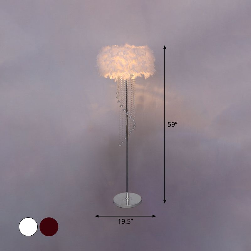 Élégant tambour moderne lampe debout plume 1-Light Living Room Light en rouge / blanc avec un drapé en cristal en spirale