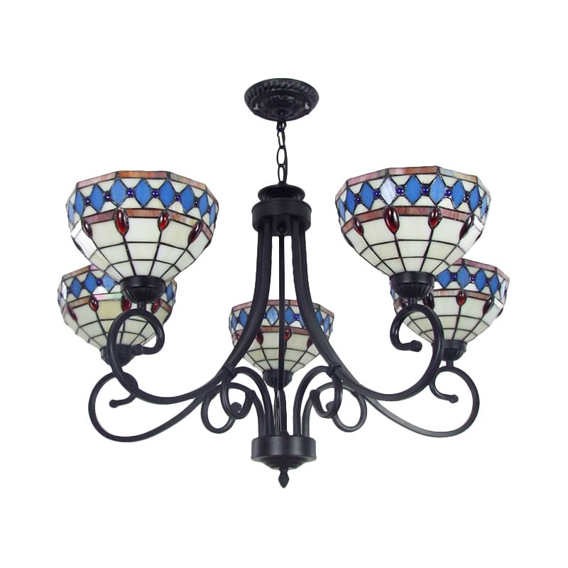 Colorful Glass Bowl Chandelier with Hanging Chain 5 Lights Baroque Pendant Light in 
Beige