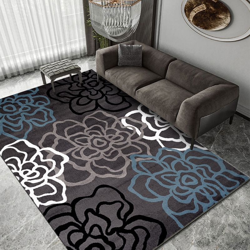 Dark Colored Modern Rug Plants Pattern Area Carpet Polyester Stain Resistant Rug for Living Room