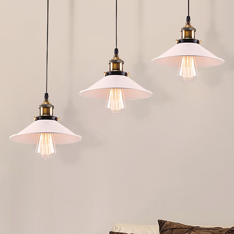 White Conic Ceiling Pendant Industrial Style Metallic 3 Heads Indoor Hanging Light with Linear/Round Canopy