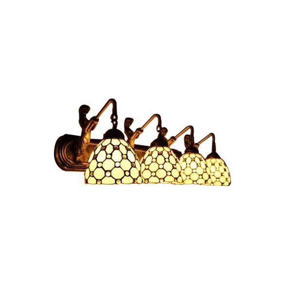 Beige Glass Dome Wall Mount Light Fixture Tiffany 4 Heads Antique Brass Sconce Light