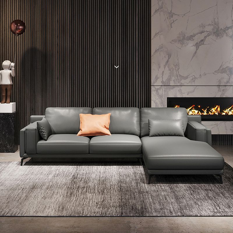 Square Arm Grey Pillowed Back Cushions Splayed Wooden Legs Sofa