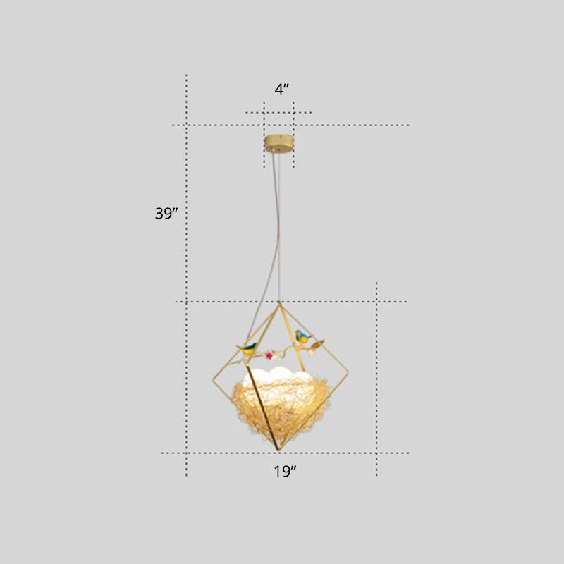 Birds Nest Chandelier Nordic Metal 3-Light Beige Hanging Light with Rhombus Frame and Egg Shade