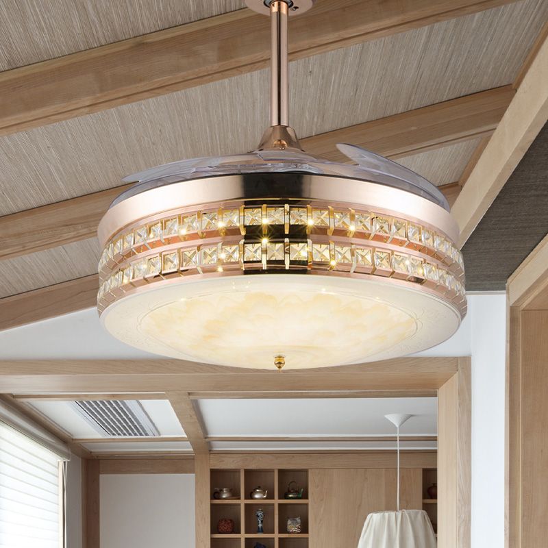 3 lames LED Flush Mount Ventilateur de plafond Simple chambre à coucher Simple Classement avec du tambour Crystal incrusté de l'or, 42,5 "de largeur