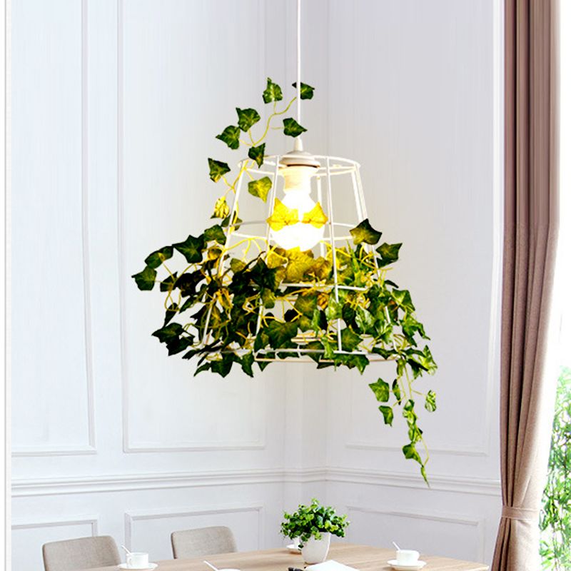 1 cabeza Lámpara colgante metálica de la granja blanca jaula cazada de techo colgante con planta artificial deco