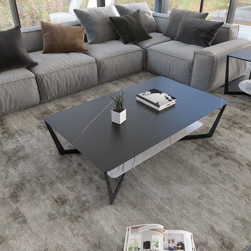 Modern Style Cocktail Table Rock Slate Top with Storage Rack Rectangular Coffee Table