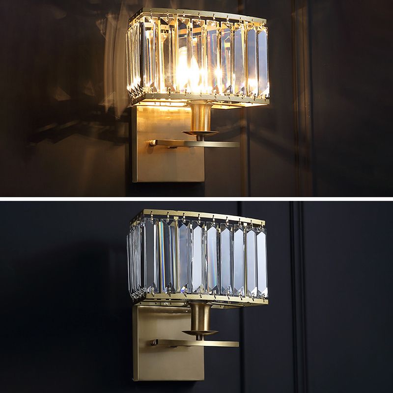Gold Rectangular Wall Sconce in Modern Luxury Style Copper Wall Lamp with Crystal Shade