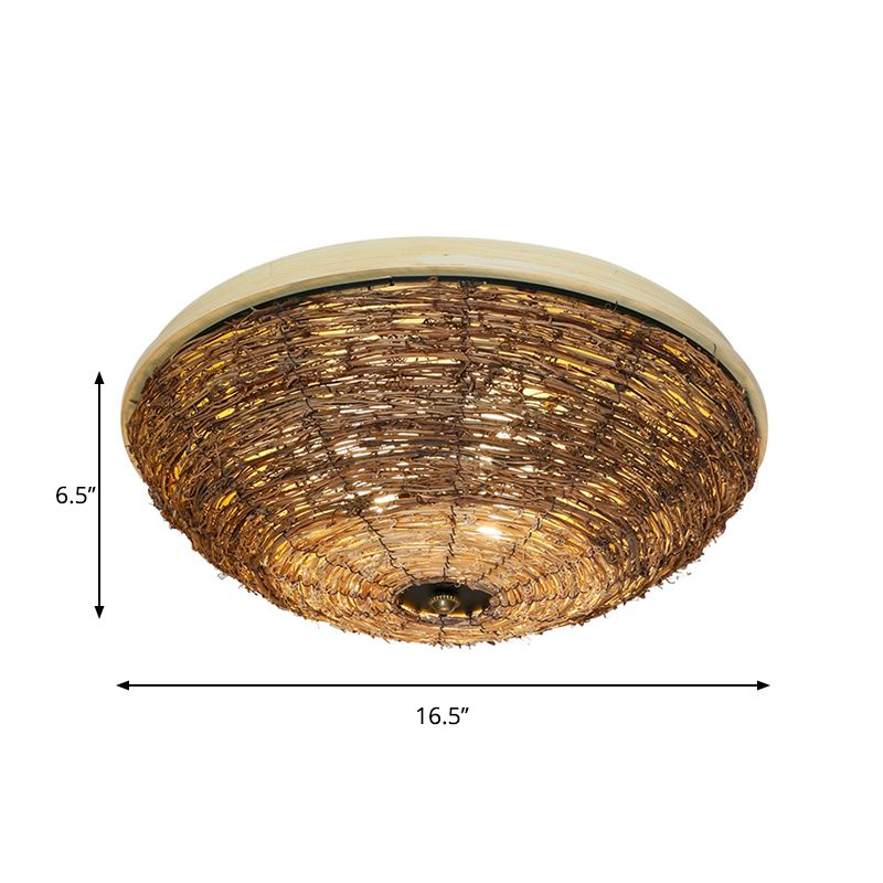 Bowl Flush Ceiling Lamp Tradition Rattan Wood 3 Bulbs Ceiling Light Fixture, 12.5"/16.5" Wide
