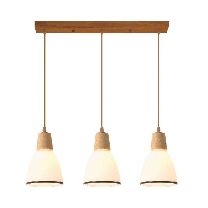 Bell/Bowl/Barrel Ceiling Hang Lamp Nordic Ivory Glass 3-Head Dining Room Round/Linear-Canopy Cluster Pendant in Wood
