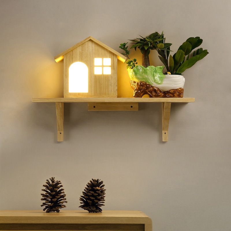 Beige Lodge Wall Lamp Fixture Nordic Wooden LED Wall Sconce with Storage Shelf, Warm/White Light