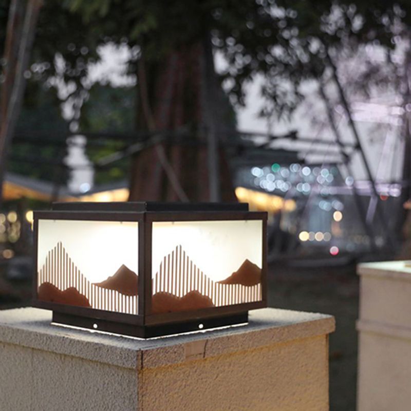 Rectangle Shape Metal Outdoor Light Modern 1 Light Solar Pillar Lamp in Brown