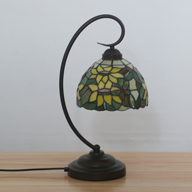 Red/Yellow 1 Light Night Table Lamp Tiffany Hand Cut Glass Domed Blossom Patterned Desk Lighting for Bedroom