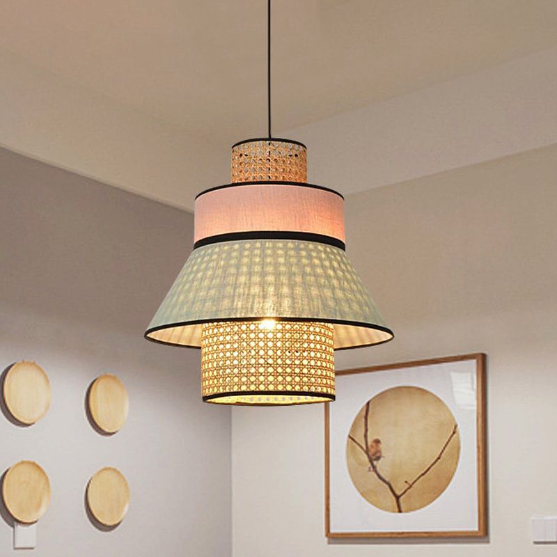 Chinese Conical Hanging Lamp Bamboo 1 Bulb Ceiling Pendant Light in Pink and Green
