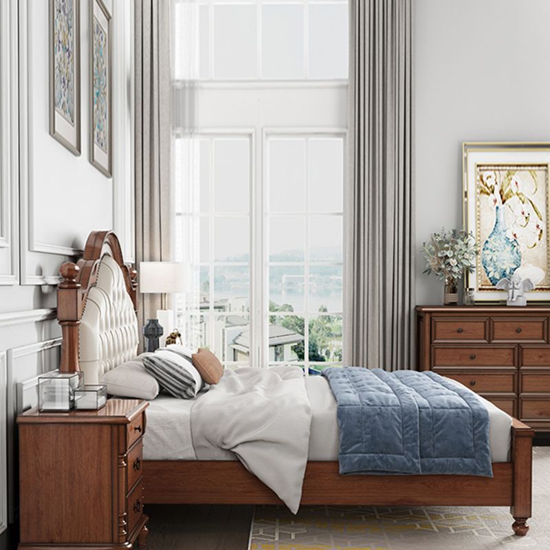 Mid-Century Modern Standard Bed Solid Wood Panel Bed with Upholstered Headboard