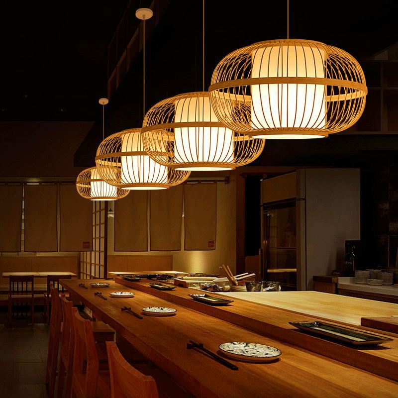 Chinese Style Bamboo Pendant Light Geometric Hanging Pendant for Restaurant