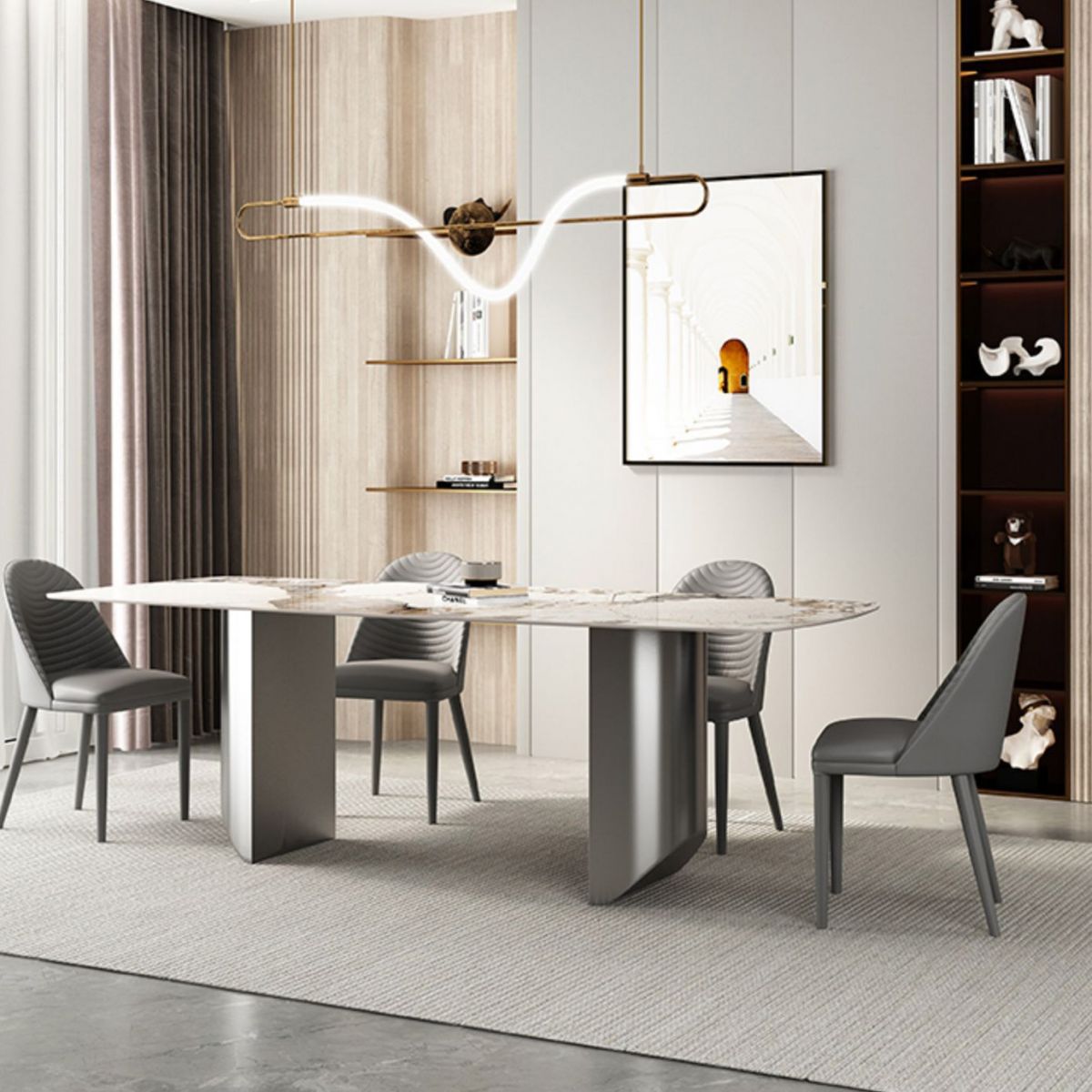 Industrial Rectangle Dining Table Sintered Stone Table with Metal Legs for Kitchen