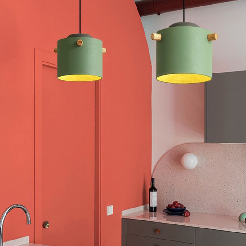 Cylindrical Metal Pendant Lamp Macaron 1 Head Solid Wood Ceiling Hanging Light