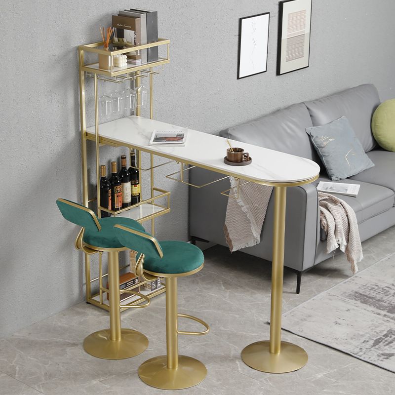 White Stone Indoor Glam Bar Dining Table Iron Double Pedestal Bistro Table with Wine Rack
