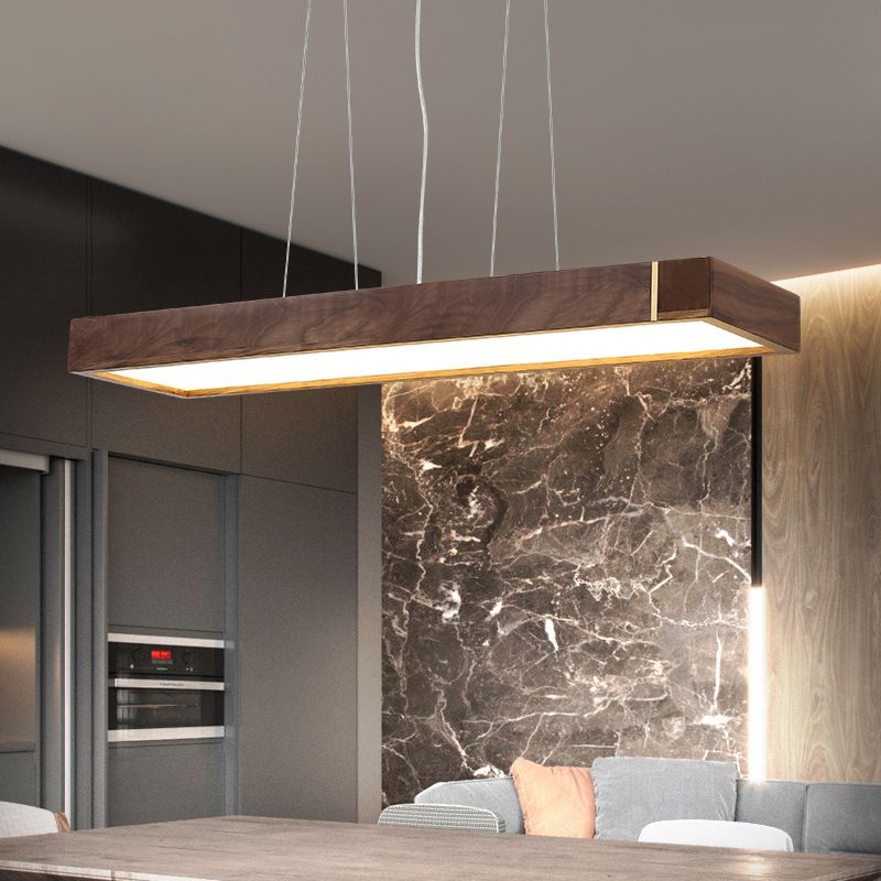 Walnut Wood Rectangular Pendant Light Nordic Dark Brown LED Hanging Light over Island