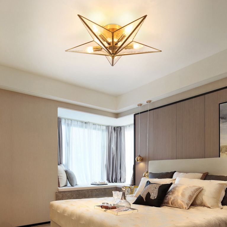 23,6 Zoll breites Pentagramm-Messing Deckenleuchte mit Glasschatten 5 Leichtstoffe Nordische Einfachheitsstil Flush Mount Lampe