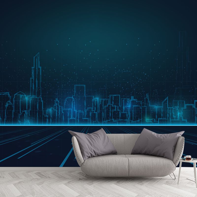 Extra Large Illustration Fictional Mural Wallpaper Downtown Landscape in Dark Blue