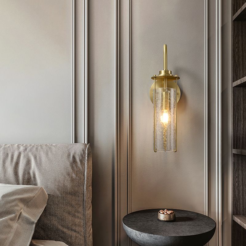 Modern Metal Wall Sconce Cylinder Shape Wall Light with Glass Shade for Bedroom