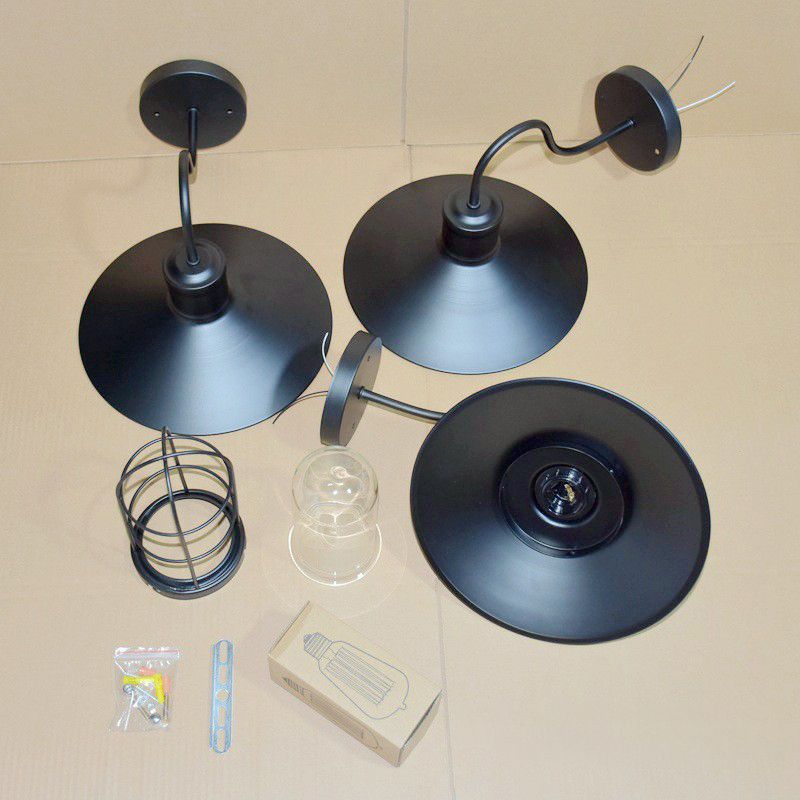 Black Conical Wall Lamp Industrial Metal 1 Head Corridor Gooseneck Wall Sconce with Cage