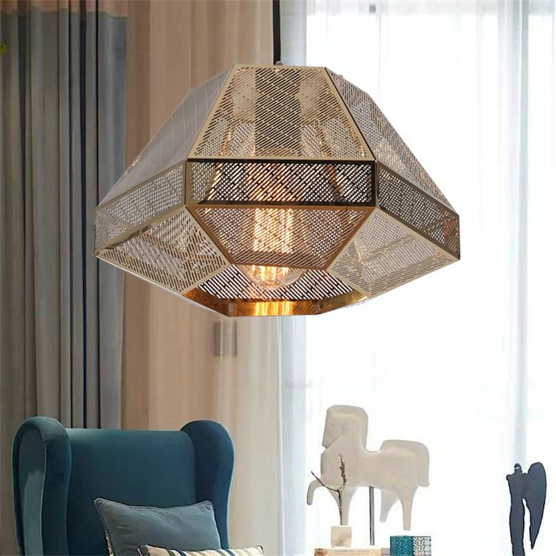 Gold 1 Bulb Pendant Light Rustic Metal Diamond Hanging Lamp for Living Room, 8"/12" W