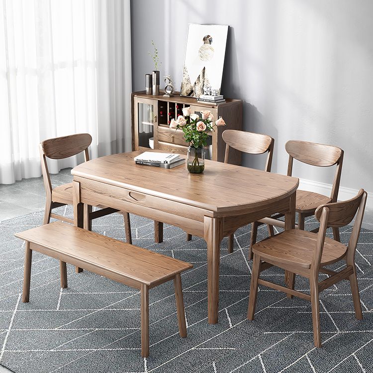 Modern Brown Dining Table Round Solid Wood Dining Table with 4 Legs for Home