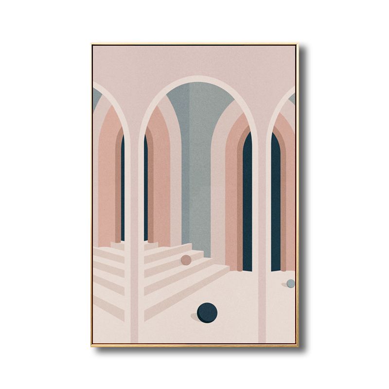 Art de porte cintrée de style scandinave dans une décoration murale texturée de couleur douce pour salle de bain