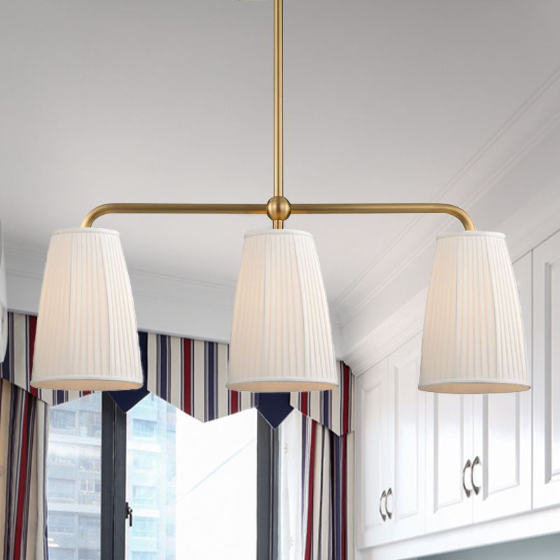 3/6 Bulbs Hanging Chandelier Rural Dress Shaped Pleated Fabric Pendant Ceiling Light in Gold over Dining Table