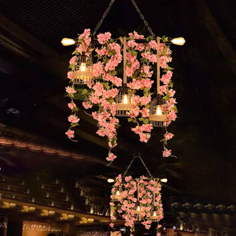 Pink/Green 5 Lights Hanging Island Light Retro Metal Caged Flower/Plant Drop Lamp for Restaurant