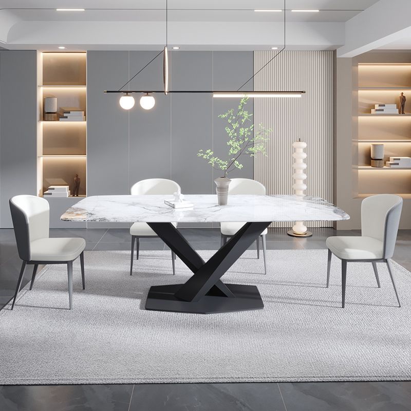 Contemporary Rectangle Sintered Stone Top Metal Base Dining Table Set