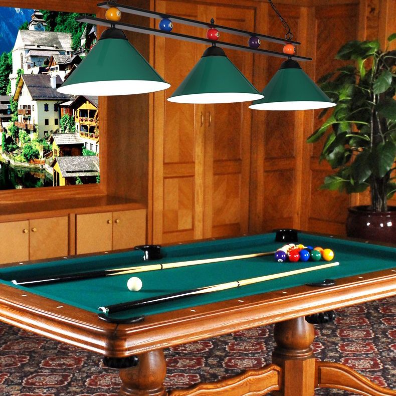 Conical Metallic Billiard Light Factory 3-Head Indoor Island Lighting Fixture in Black/Red/Blue