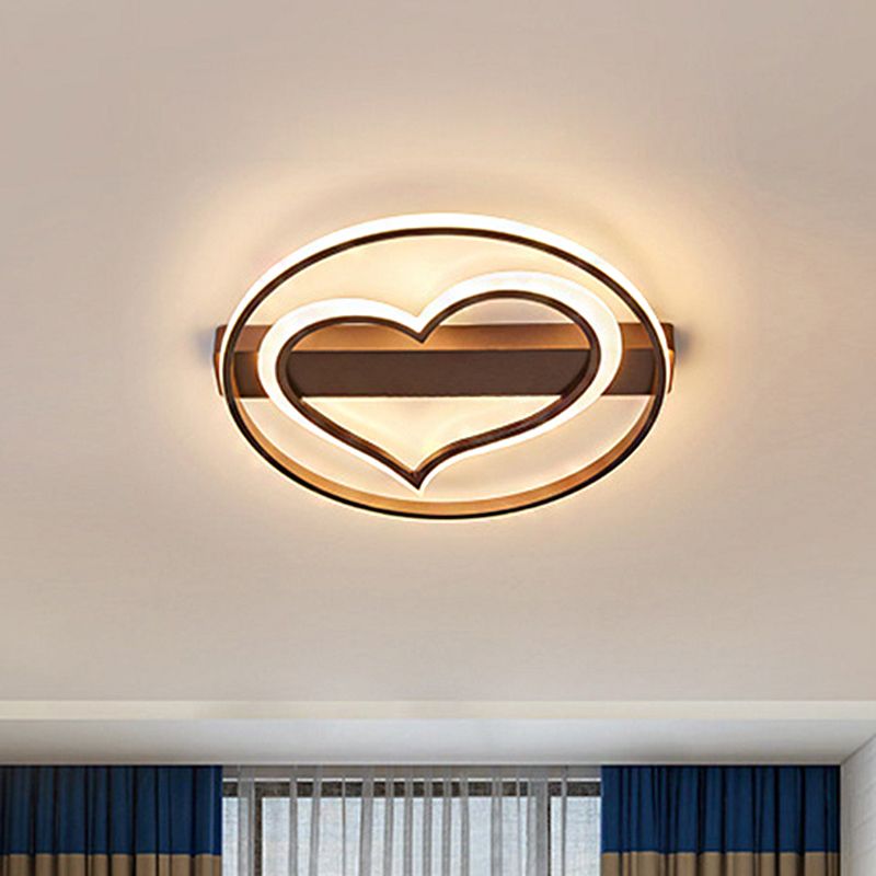 Ring and Loving Heart Ceiling Lamp Acrylic Coffee/White LED Flushmount Lighting in Warm/White Light