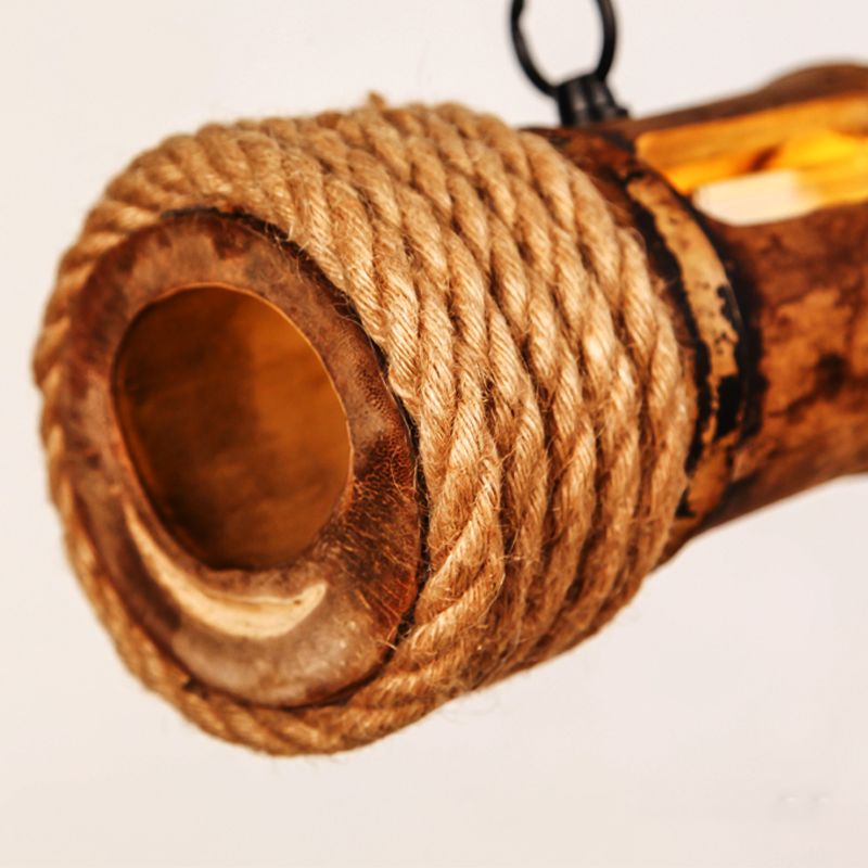 Bamboo Pole LED Suspension Light Fixture Lodge Style Dining Room Island Lamp in Wood