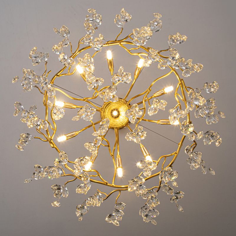 Goldene Aluminiumzweige geformte Kronleuchter transparente Kristalltropfen rustikaler Vintage -Anhänger Licht