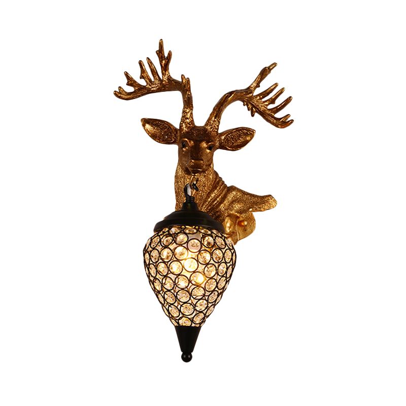 Sika Deer Head Dinette Sconce Ideas Countryside Resin Single Gold Wall Lamp Fixture with Teardrop Crystal Shade, Left/Right