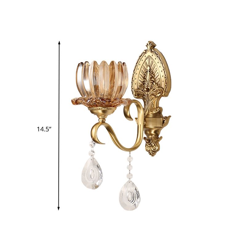 Lámpara de pared de bulbos dorada 1/2 luz de pared de vidrio de vidrio de vaso ámbar retro con caída de cristal transparente para sala de estar
