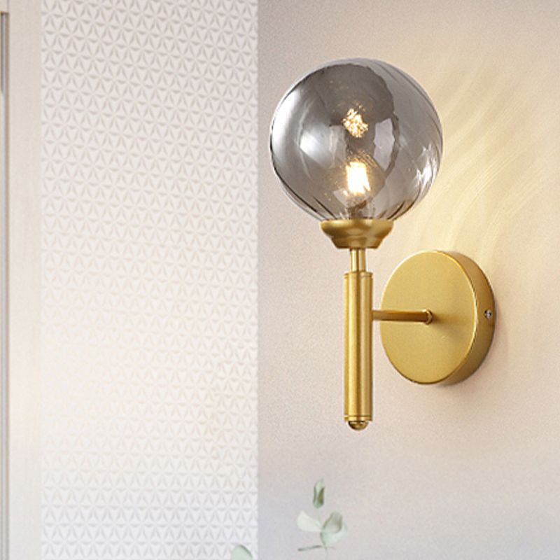 1 Bulb Globe Wall Mounted Light Fixture Modern Brass Smoked Textured Glass Lighting
