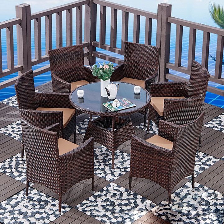 Modern Tempered Glass Outdoor Table Set 1/5/7 Pieces Bistro Table Set with Rat Base