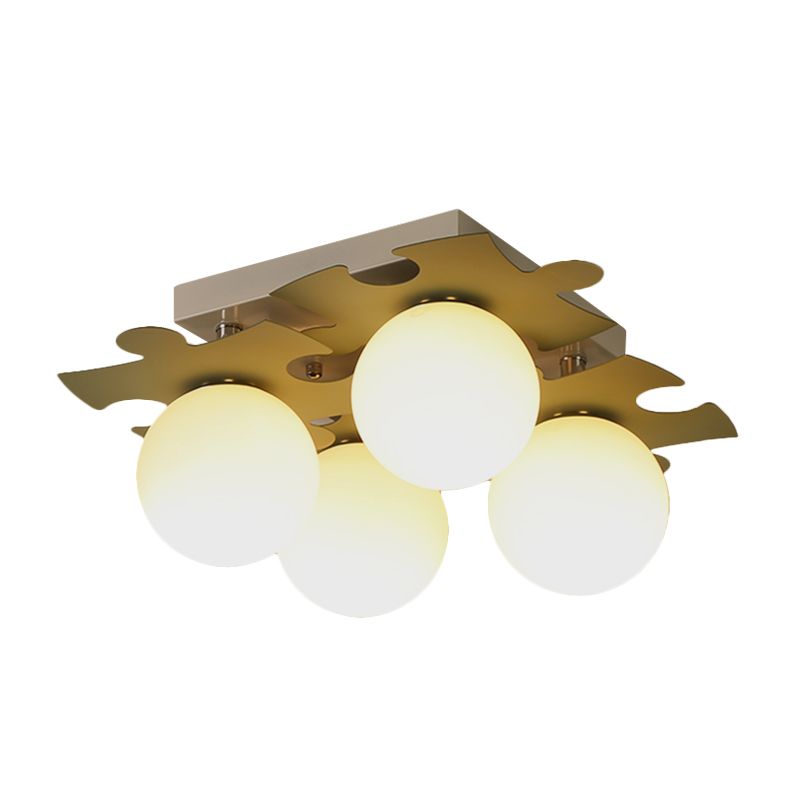 Globe di vetro bianco semi-filo modernista Modernist 4-bulb Luce a filo con decorazione puzzle in grigio/verde