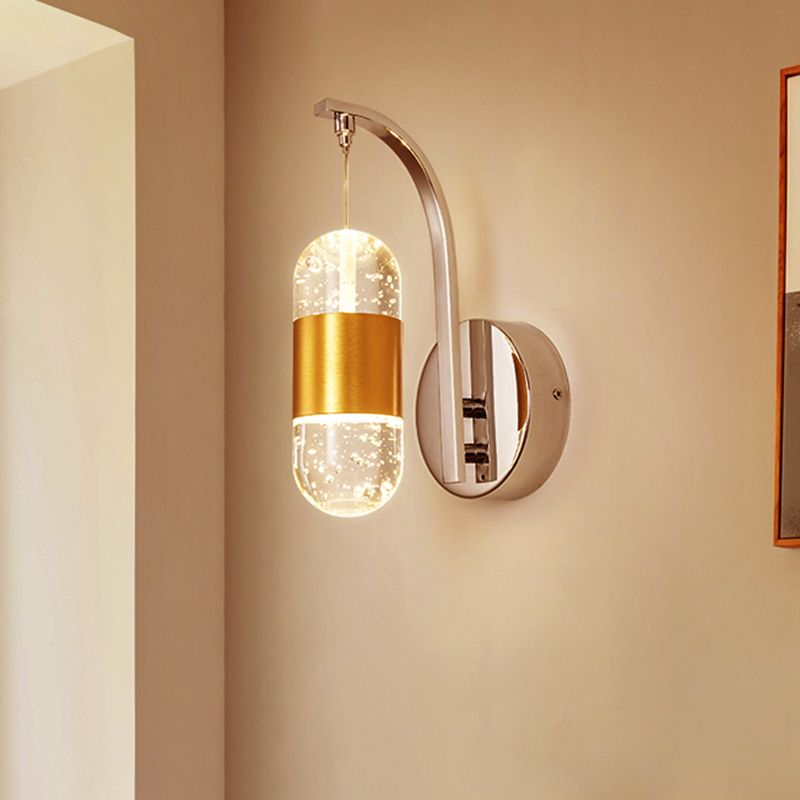 LED Metal Wall Sconce Traditionalist Gold Swooping Arm Bedroom Wall Mounted Light with Bubble Crystal Shade