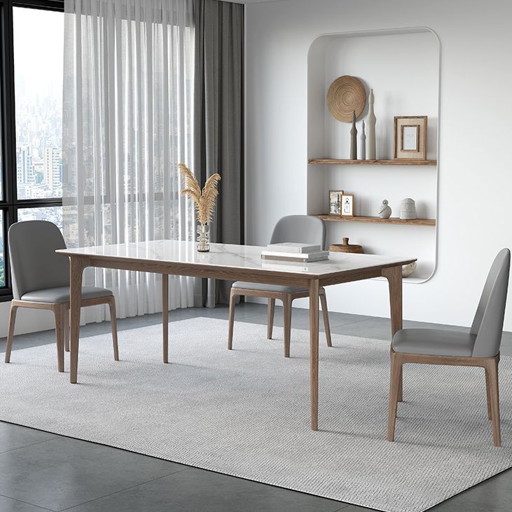 Sintered Stone Rectangle White Table Kitchen Table with Wooden Base and 4 Legs
